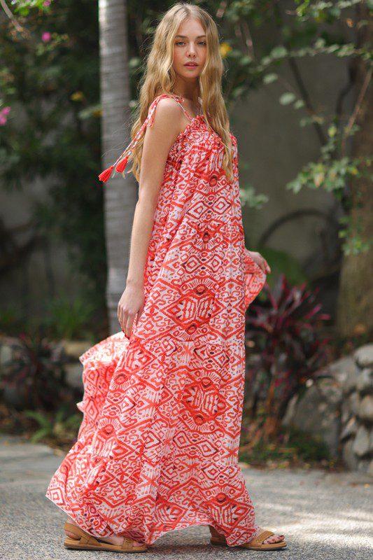 Shoulder Tie Print Maxi Dress - Southern Sassy Boutique