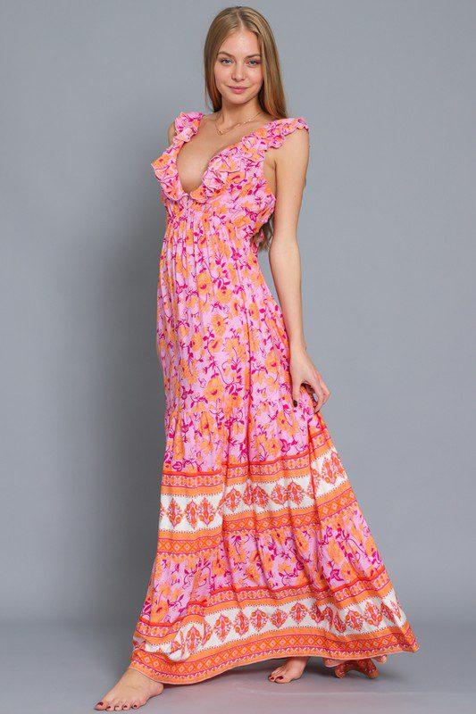 Floral Print V-Neck Maxi Dress - Southern Sassy Boutique