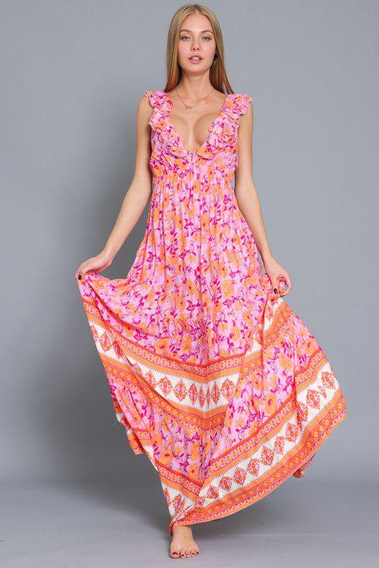 Image: Floral Print V-Neck Maxi Dress Fuchsia | Southern Sassy Boutique