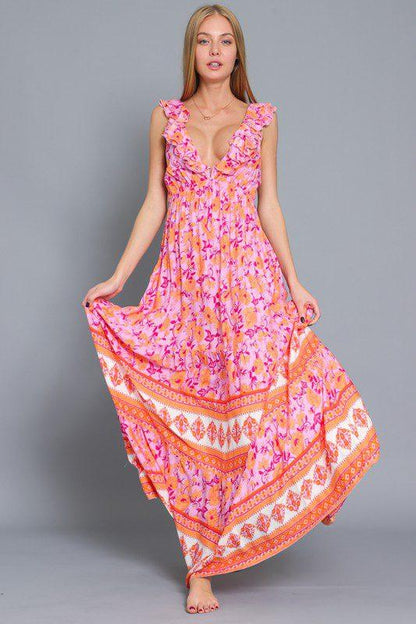 Image: Floral Print V-Neck Maxi Dress Fuchsia | Southern Sassy Boutique