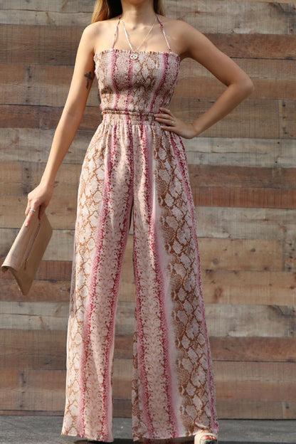 Image: Wide Leg Snakeskin Jumpsuit Snake Skin Pink | Southern Sassy Boutique