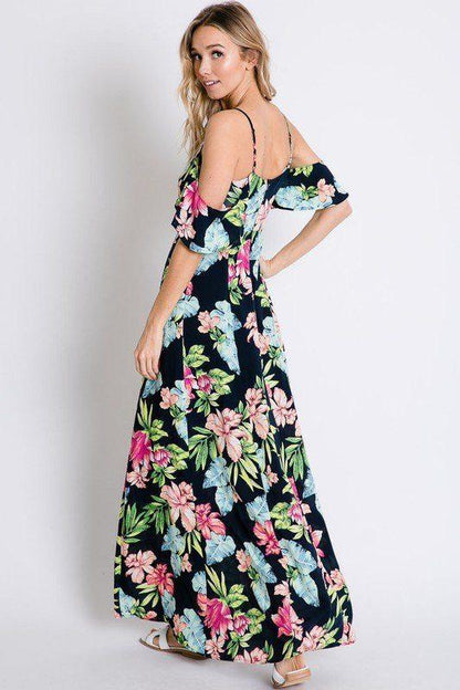 Tropical Floral Botanical Print Cold Shoulder Maxi Dress - Southern Sassy Boutique