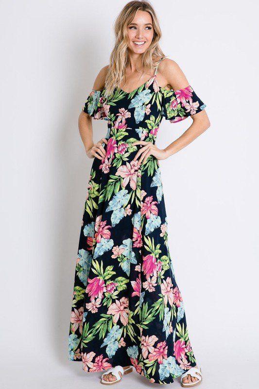 Image: Tropical Floral Bonical Print Cold Shoulder Maxi Dress Navy Blue | Southern Sassy Boutique