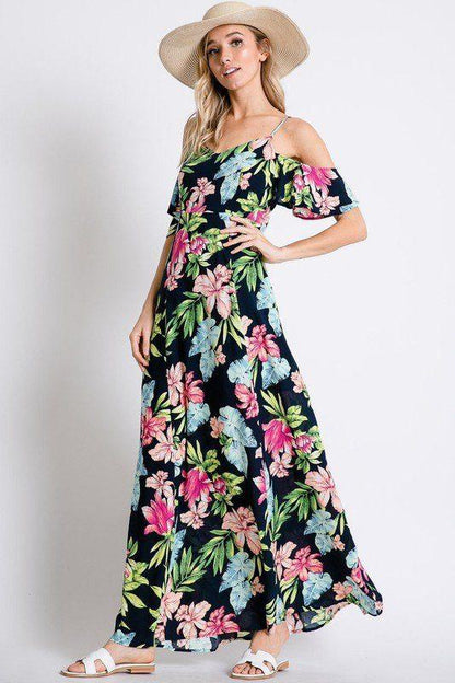 Tropical Floral Botanical Print Cold Shoulder Maxi Dress - Southern Sassy Boutique