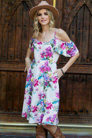 Image: Floral Print Cold Shoulder Dress Navy | Southern Sassy Boutique