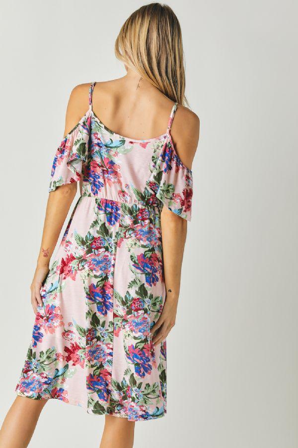 Floral Print Cold Shoulder Dress - Southern Sassy Boutique