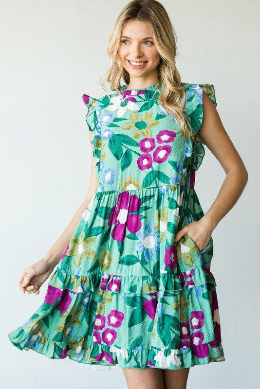 Image: Flower Print Tiered Dress Sage | Southern Sassy Boutique