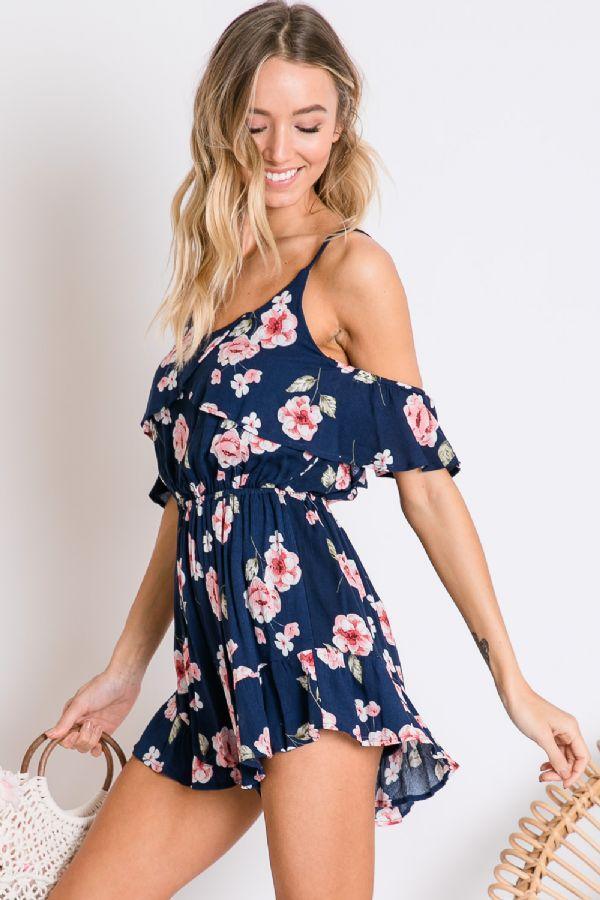 Image: Floral Print Romper Navy | Southern Sassy Boutique