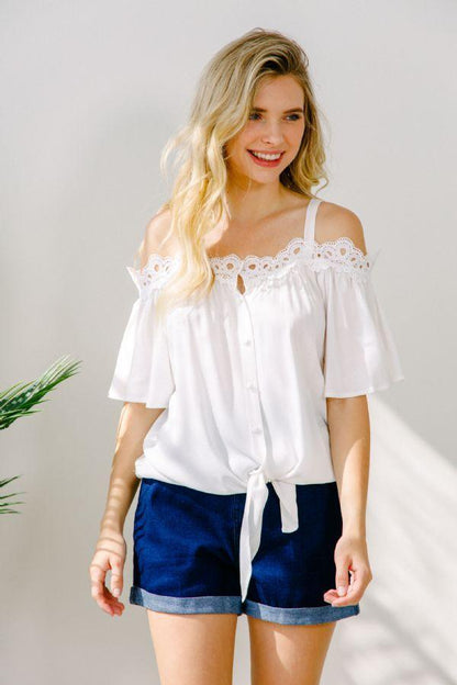 Image: Ruffled Cold Shoulder Top Off White | Southern Sassy Boutique