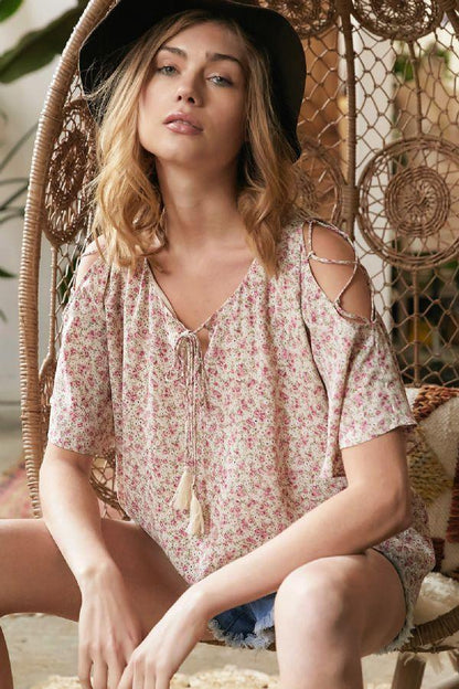 Image: FLORAL PRINTED COLD SHOULDER TOP Cream | Southern Sassy Boutique