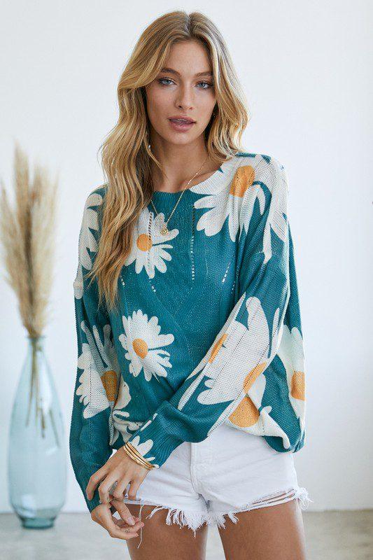 Image: Floral Print Crew Neck Sweater Hunter Green | Southern Sassy Boutique