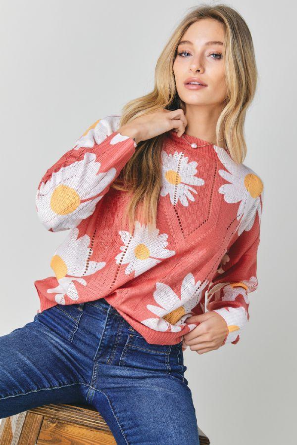 Image: Floral Print Crew Neck Sweater Orange/Red | Southern Sassy Boutique