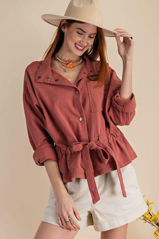 Image: Linen Crinkled Jacket Crimson | Southern Sassy Boutique