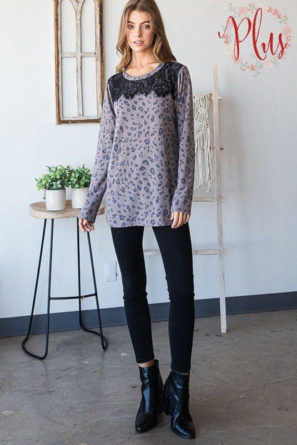 Animal Print Top With Black Lace - Southern Sassy Boutique