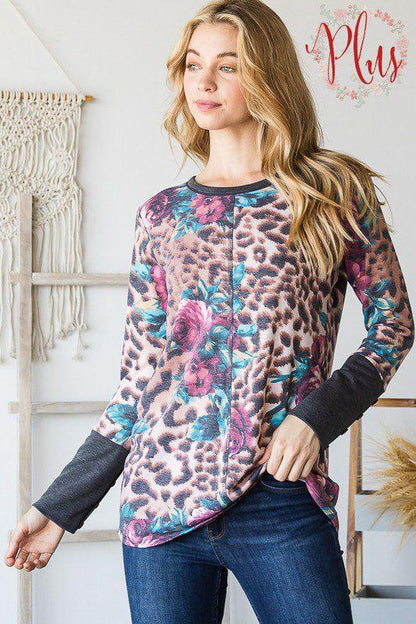 Animal And Floral Print Knit Top - Southern Sassy Boutique