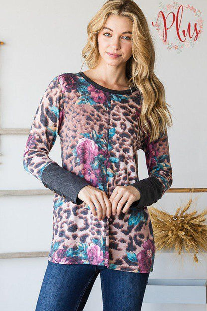 Image: Animal And Floral Print Knit Top Brown | Southern Sassy Boutique