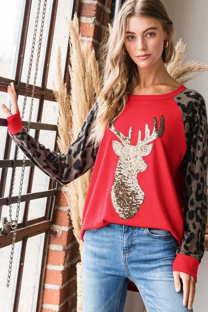 Animal Print Sequin Reindeer Top - Southern Sassy Boutique