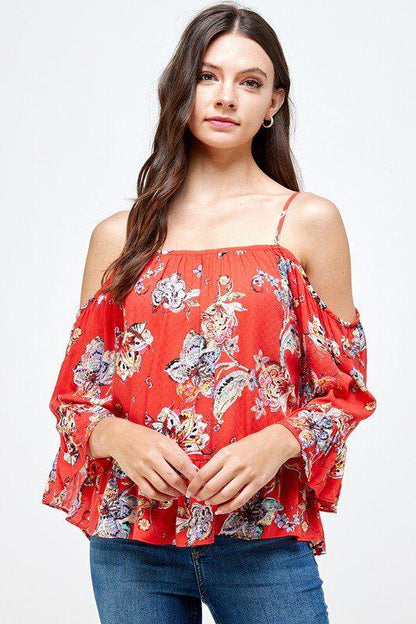 Image: Cold Shoulder Floral Top Red Lavender | Southern Sassy Boutique