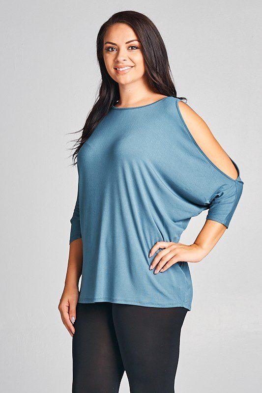 Image: Curvy Cold Shoulder Knit Top Antique Blue | Southern Sassy Boutique