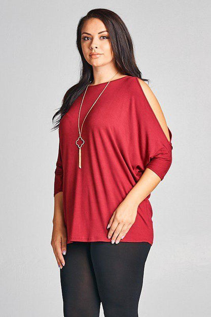 Image: Curvy Cold Shoulder Knit Top Burgundy | Southern Sassy Boutique