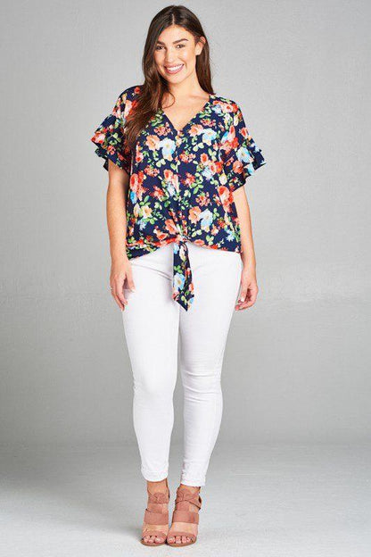 Image: Curvy Floral Chiffon Top Navy/Coral | Southern Sassy Boutique