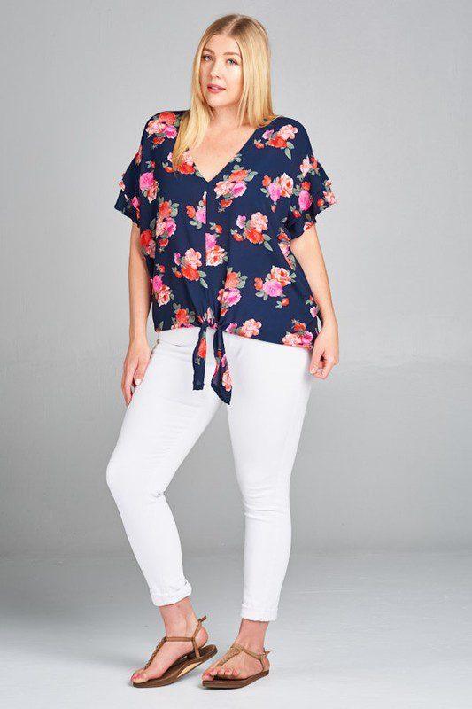 Image: Curvy Floral Chiffon Top Navy/Pink | Southern Sassy Boutique