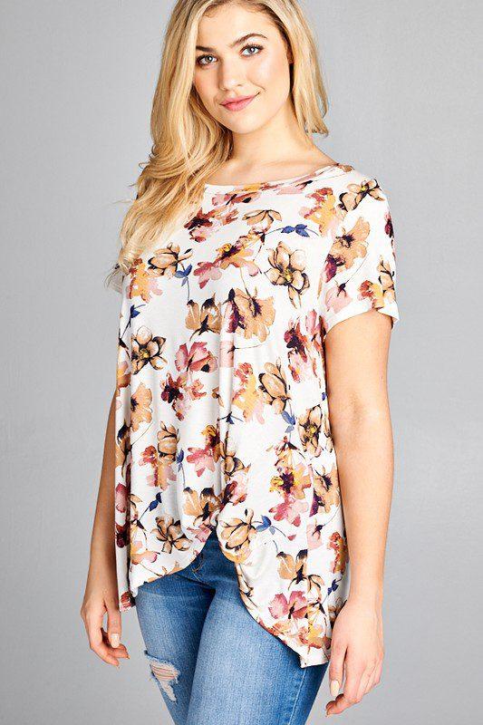 Image: Curvy Floral Side Knot Top Ivory/Taupe | Southern Sassy Boutique