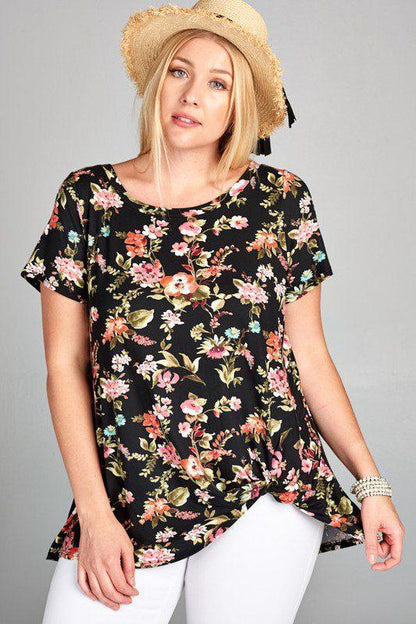 Image: Curvy Floral Jersey Top Black | Southern Sassy Boutique