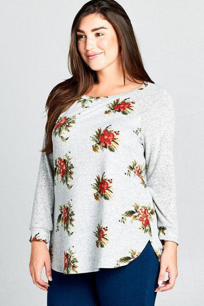 Grey Floral Print Raglan Tunic Top - Southern Sassy Boutique