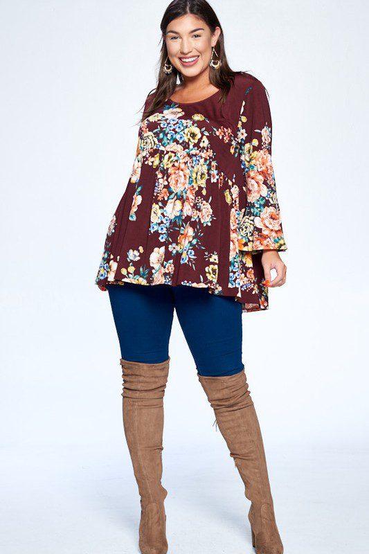 Image: Curvy Floral Babydoll Top Burgundy | Southern Sassy Boutique