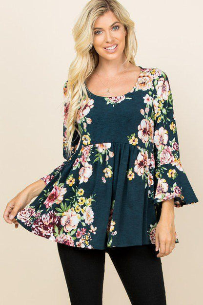 Image: Curvy Floral Babydoll Top Hunter Green | Southern Sassy Boutique