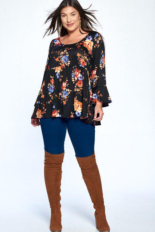 Image: Curvy Floral Babydoll Top Black | Southern Sassy Boutique