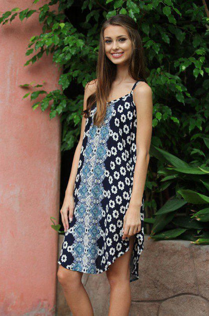 Image: Printed Dress with Straps Navy | Southern Sassy Boutique