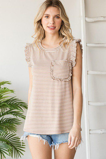 Image: Striped Ruffle Pocket Top Taupe | Southern Sassy Boutique