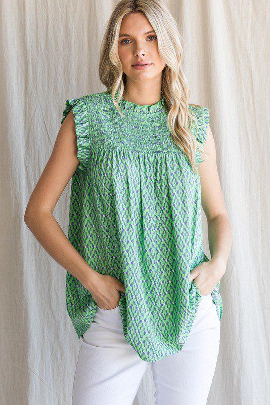 Image: Print Smoked Yoke Top Green | Southern Sassy Boutique