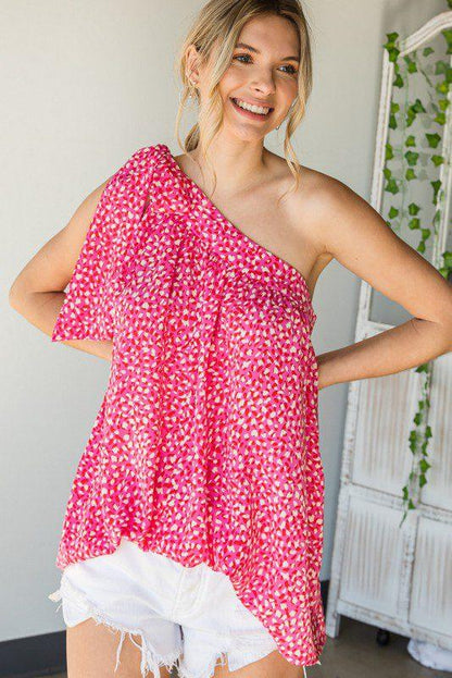 Image: Print Selt-Tie One Shoulder Top Pink | Southern Sassy Boutique