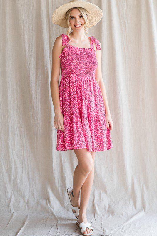 Print Shoulder Tie Smocked Dress - Southern Sassy Boutique