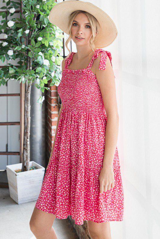 Image: Print Shoulder Tie Smocked Dress Pink | Southern Sassy Boutique