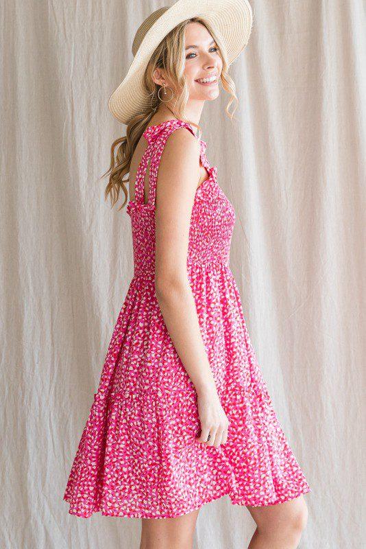 Print Shoulder Tie Smocked Dress - Southern Sassy Boutique