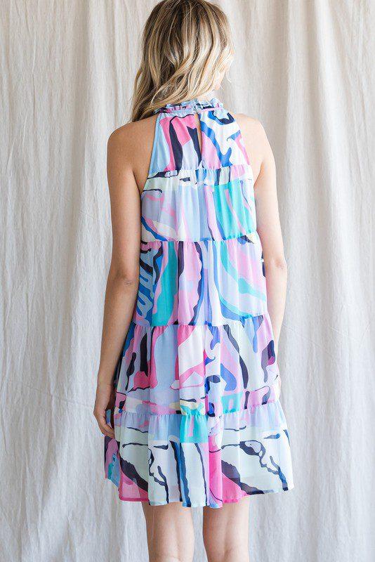 Print Sleeveless Frill Neck Dress - Southern Sassy Boutique