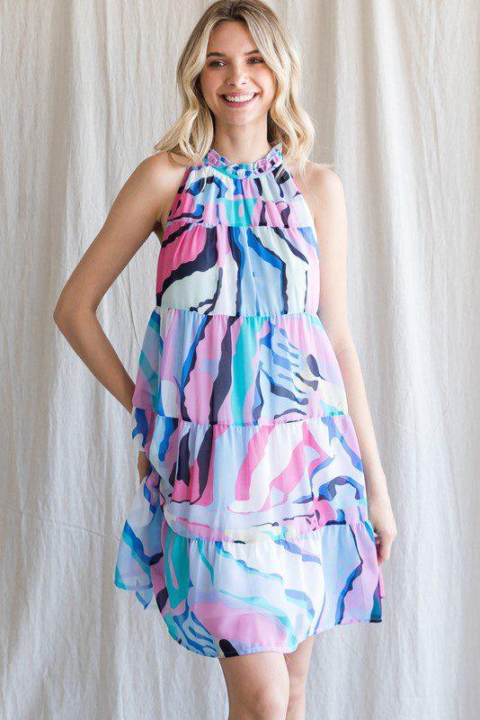 Image: Print Sleeveless Frill Neck Dress Blue | Southern Sassy Boutique