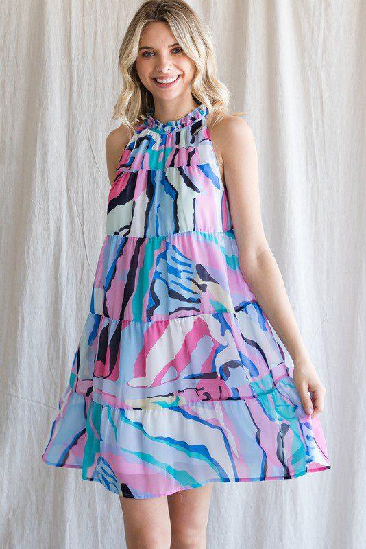 Print Sleeveless Frill Neck Dress - Southern Sassy Boutique