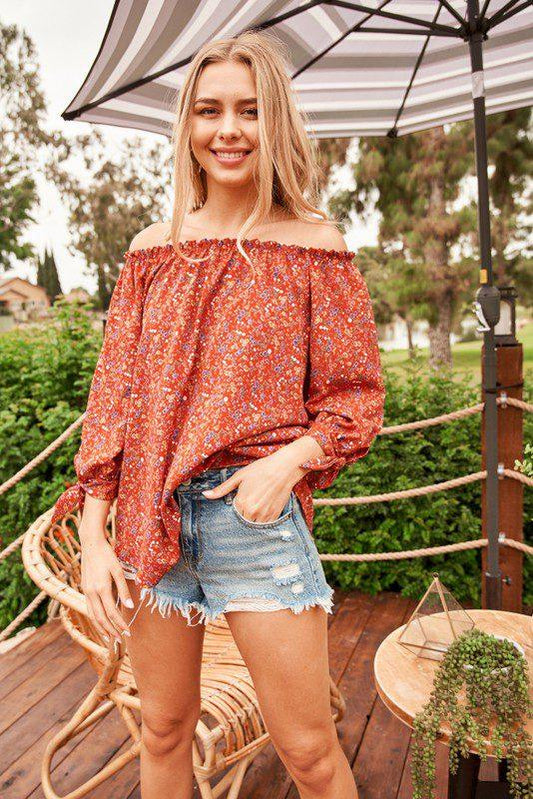 Image: Off Shoulder Floral Print Top Rust | Southern Sassy Boutique