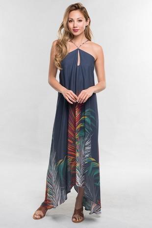 Image: Palm Leaf Print Halter Dress Navy/Combo | Southern Sassy Boutique