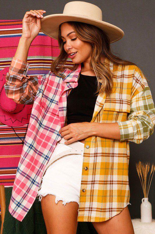 Image: Long Sleeve Flannel Top Pink Mustard | Southern Sassy Boutique