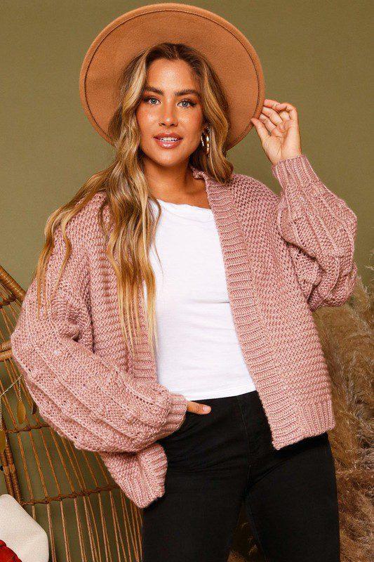 Image: Long Sleeve Chunky Cardigan with Bubble Sleeves Dusty Pink | Southern Sassy Boutique