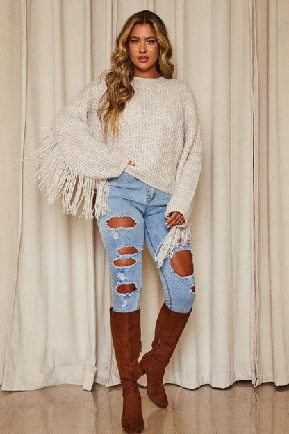 Two Tone Fringed Loose Fit Sweater - Southern Sassy Boutique