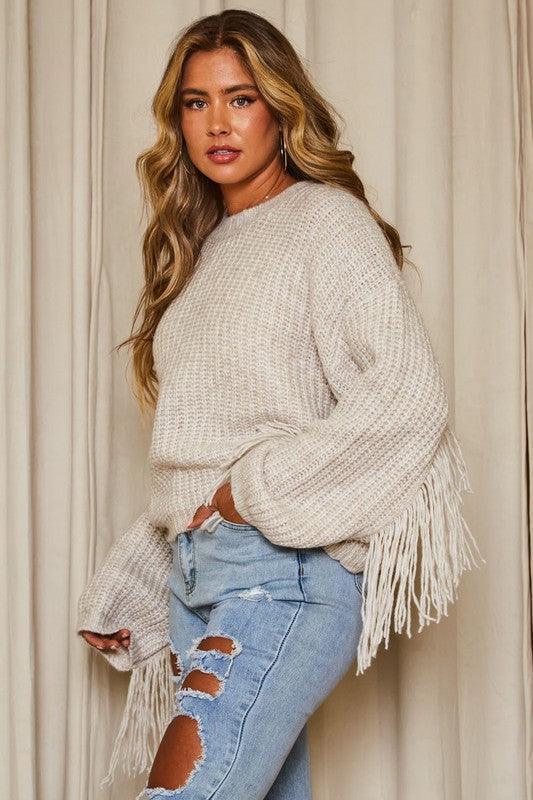 Two Tone Fringed Loose Fit Sweater - Southern Sassy Boutique