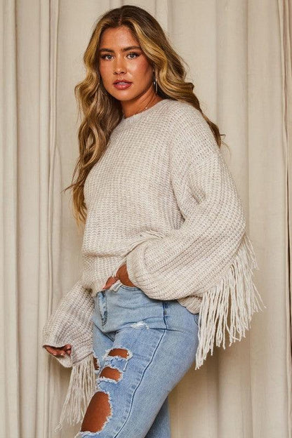 Two Tone Fringed Loose Fit Sweater - Southern Sassy Boutique