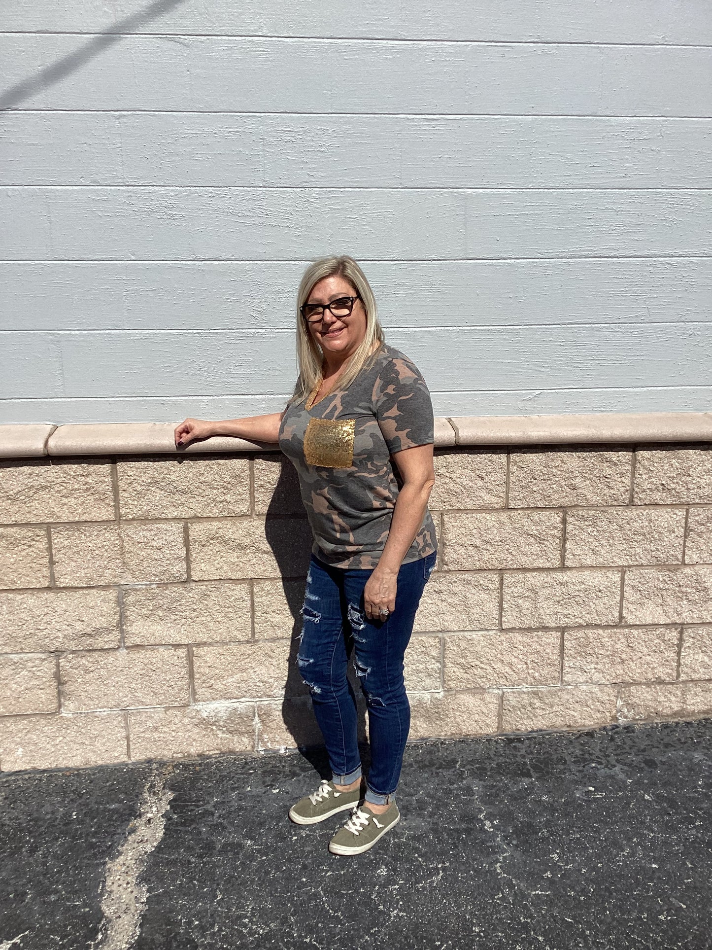 Camo Print Top Gold Sequins